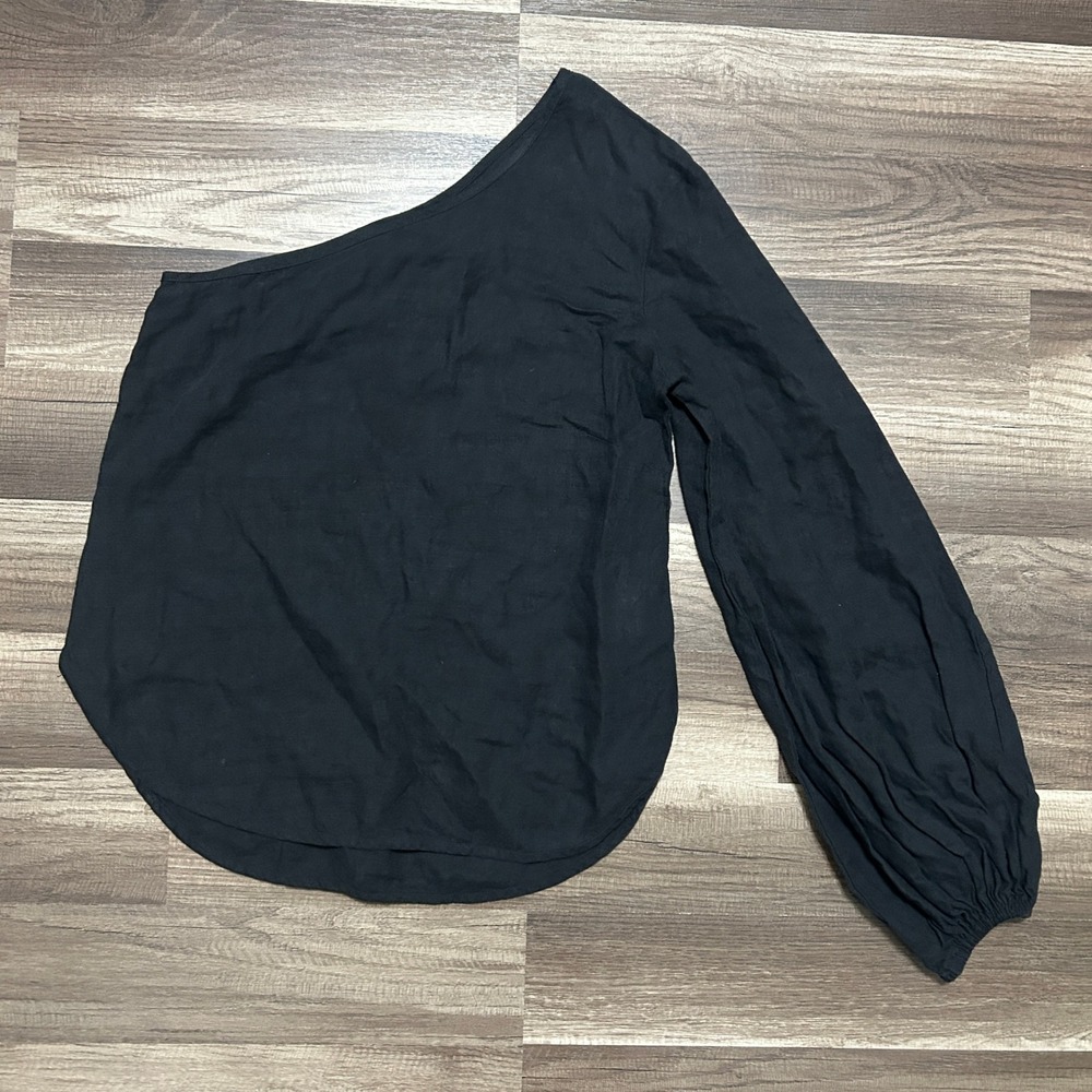 Georgia Alice One Shoulder Top Women 4 Black 100% Linen Asymmetrical Luxury Chic